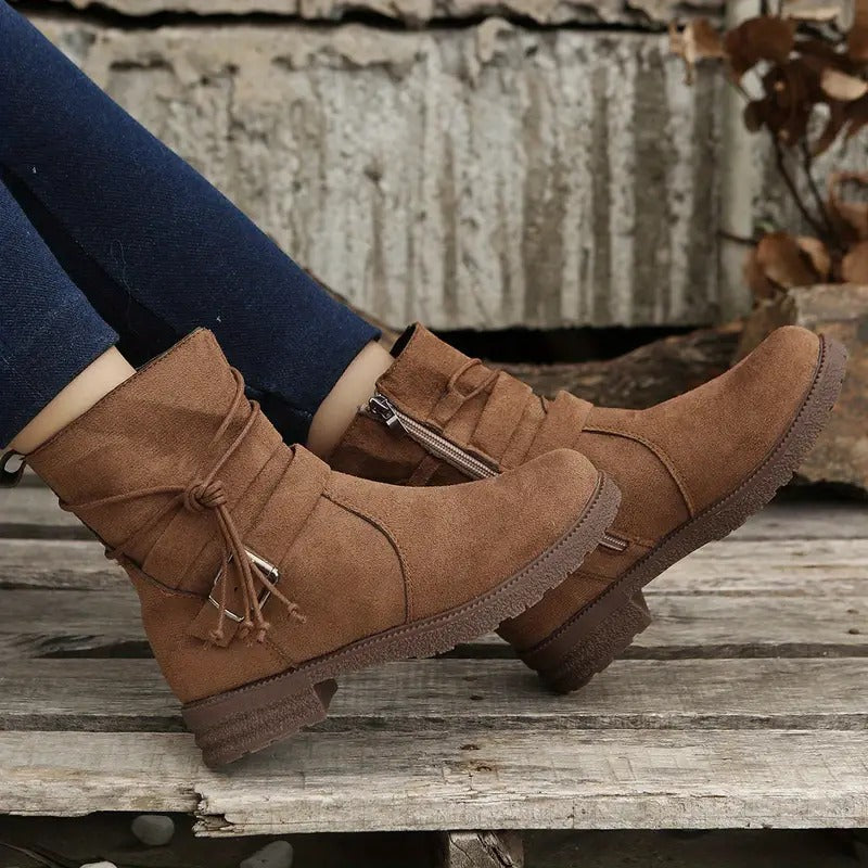 Océane Bottines Effet Daim Zippées À Lanière Nouée Femme