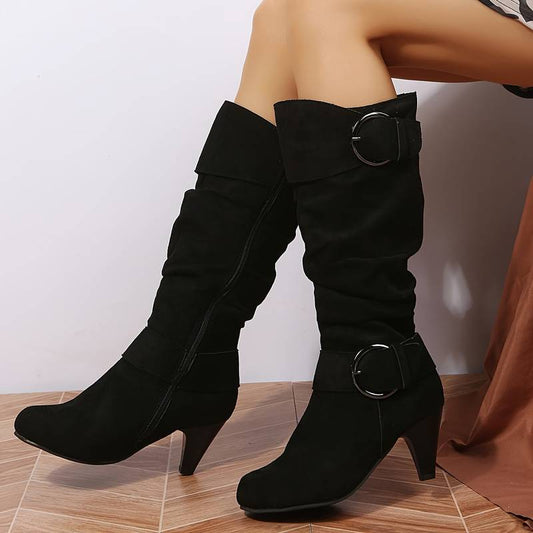 Albane Bottes Hautes Froncées Effet Daim À Boucles Et Talon Femme