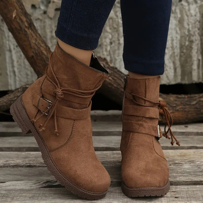 Océane Bottines Effet Daim Zippées À Lanière Nouée Femme