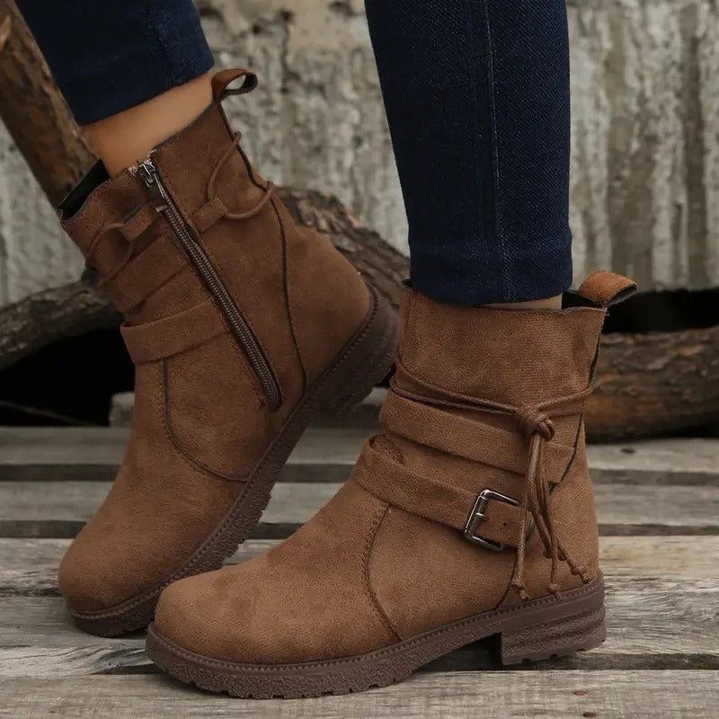 Océane Bottines Effet Daim Zippées À Lanière Nouée Femme
