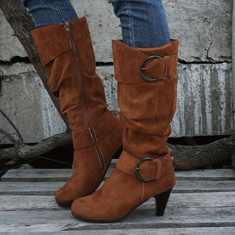 Albane Bottes Hautes Froncées Effet Daim À Boucles Et Talon Femme