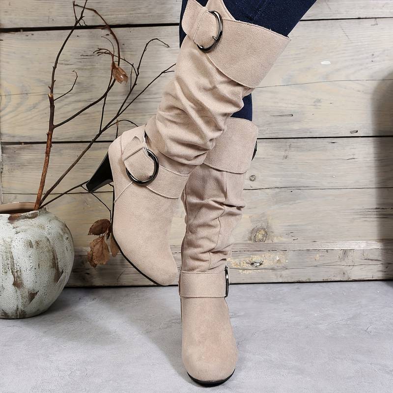 Albane Bottes Hautes Froncées Effet Daim À Boucles Et Talon Femme
