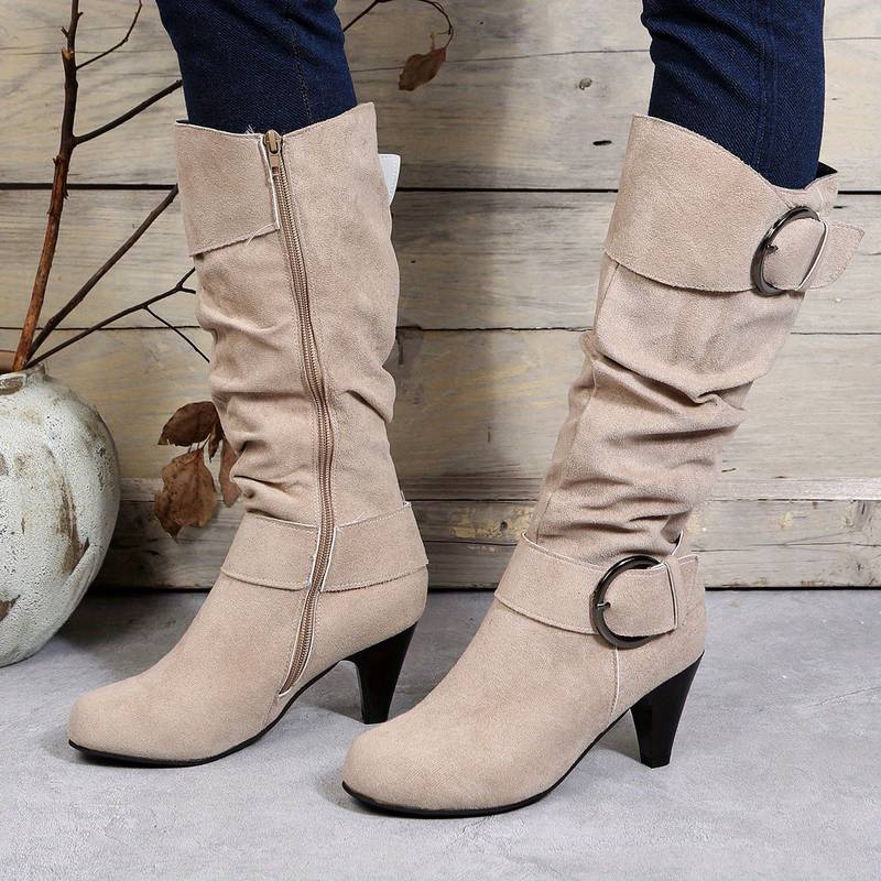 Albane Bottes Hautes Froncées Effet Daim À Boucles Et Talon Femme