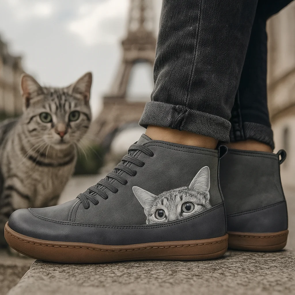 Olympe Bottines À Lacets Motif Chat Semelle Souple Femme