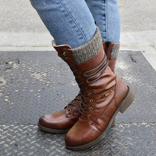 Fanny Bottes Mi-Mollet À Lacets Et Revers Tricot Femme