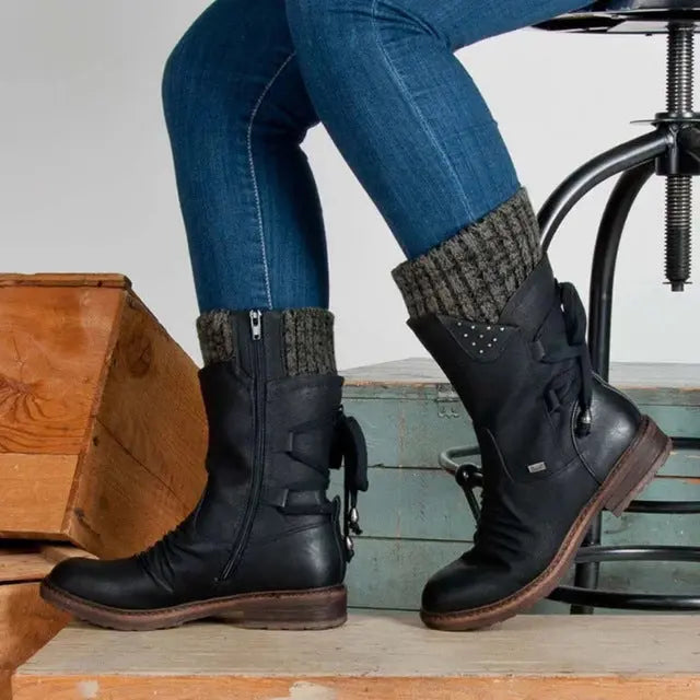 Hermine Bottes Mi-Mollet À Strass Et Revers Tricot Femme