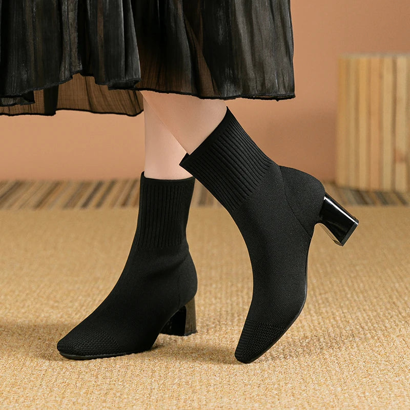 Margaux Bottines Chaussette En Maille À Talon Carré Femme