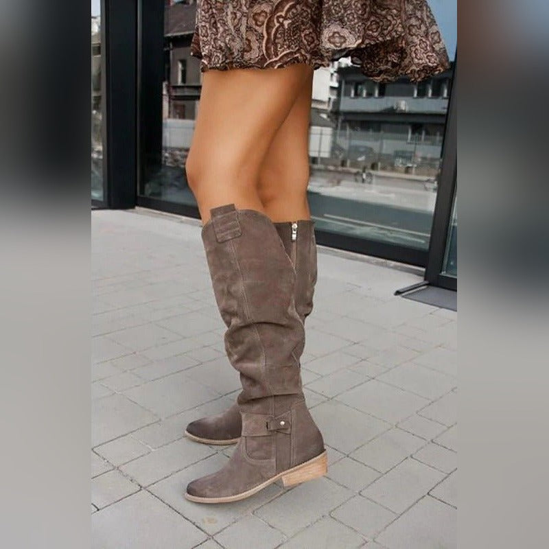 Ariane Bottes Hautes Froncées Effet Daim À Talon Plat Femme