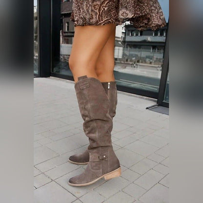 Ariane Bottes Hautes Froncées Effet Daim À Talon Plat Femme