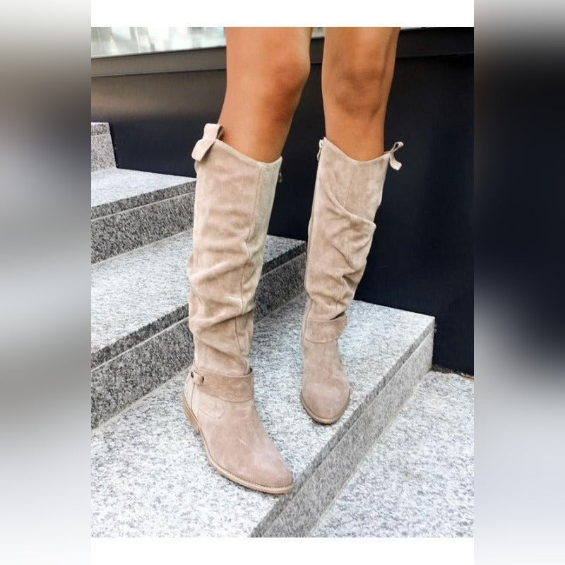 Ariane Bottes Hautes Froncées Effet Daim À Talon Plat Femme