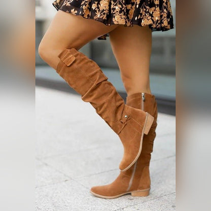 Ariane Bottes Hautes Froncées Effet Daim À Talon Plat Femme