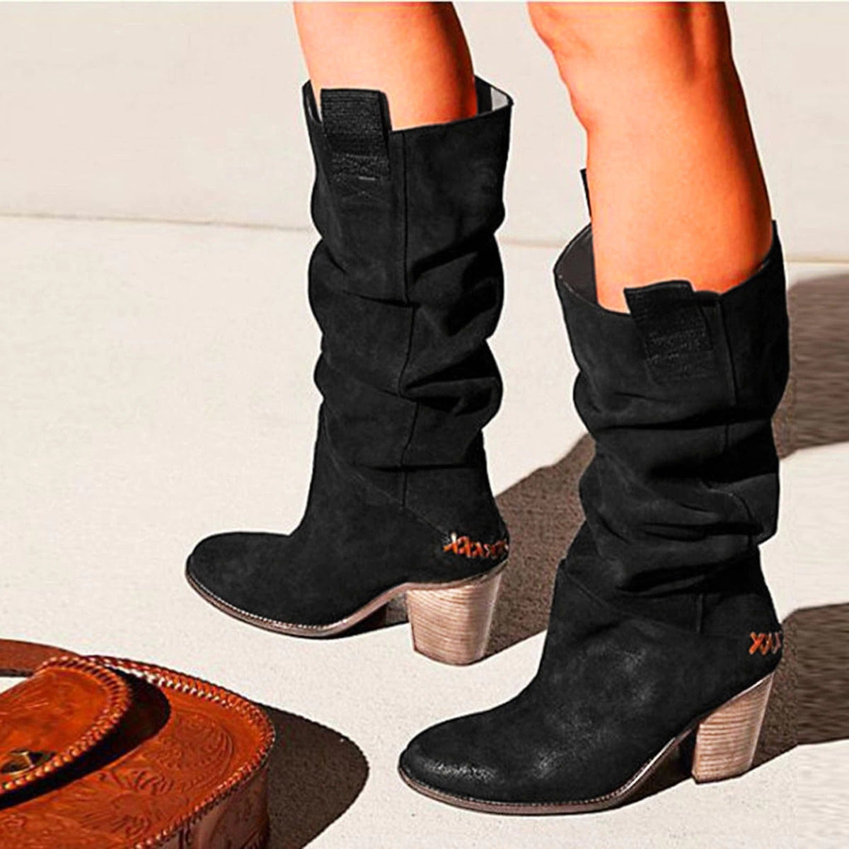 Garance Bottes Hautes Froncées Effet Daim Talon Bois Femme