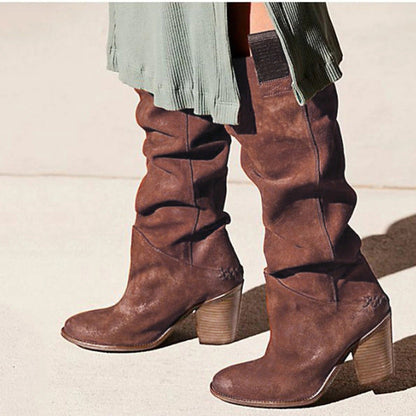 Garance Bottes Hautes Froncées Effet Daim Talon Bois Femme