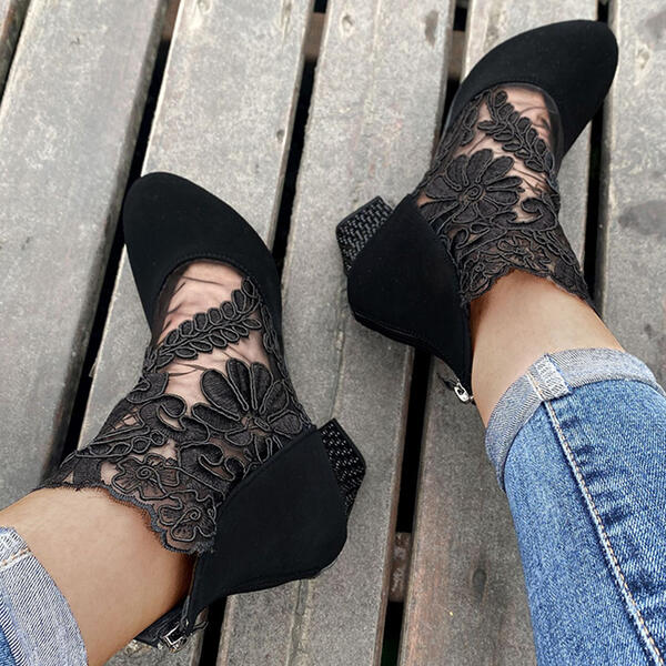 Fleur Bottines Dentelle Florale À Talon Carré Femme