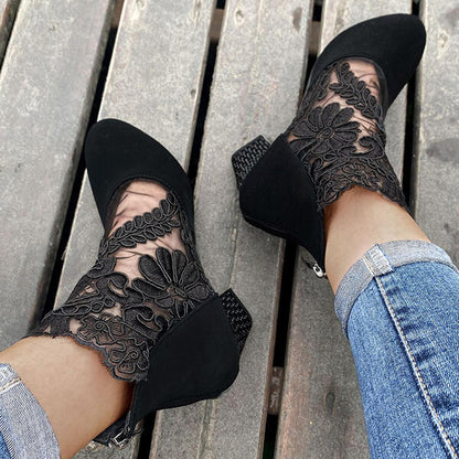 Fleur Bottines Dentelle Florale À Talon Carré Femme
