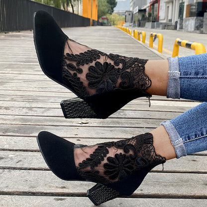 Fleur Bottines Dentelle Florale À Talon Carré Femme