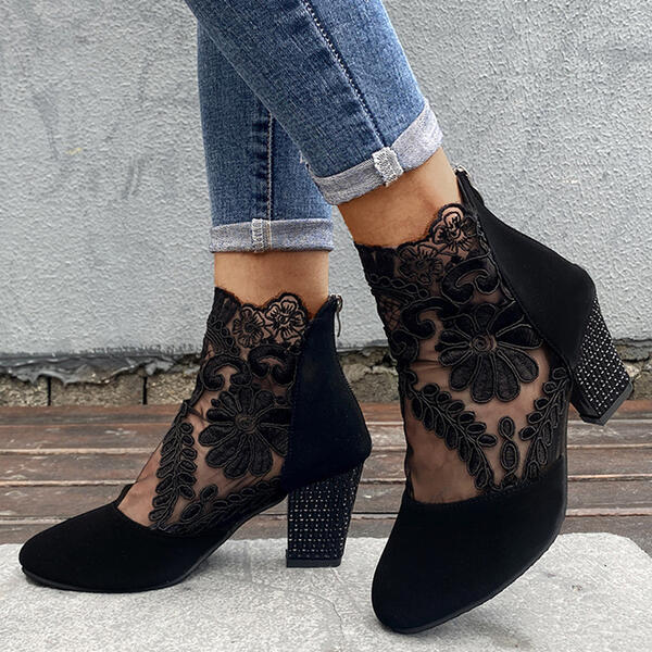 Fleur Bottines Dentelle Florale À Talon Carré Femme