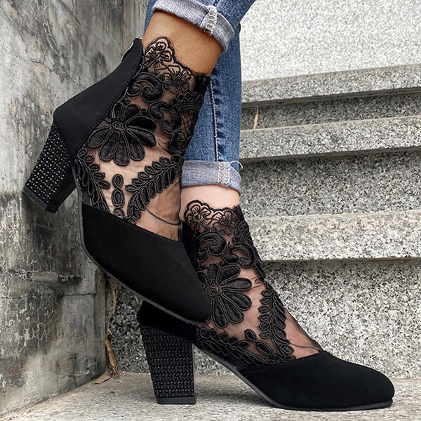 Fleur Bottines Dentelle Florale À Talon Carré Femme