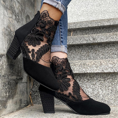 Fleur Bottines Dentelle Florale À Talon Carré Femme
