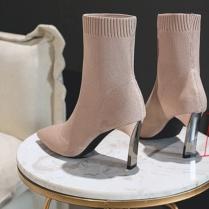Zélie Bottines Chaussette En Maille Talon Fin Bout Pointu Femme