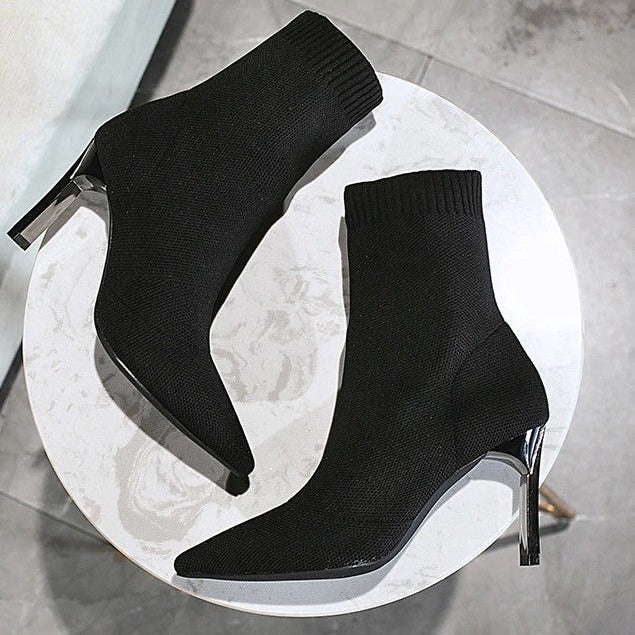 Zélie Bottines Chaussette En Maille Talon Fin Bout Pointu Femme