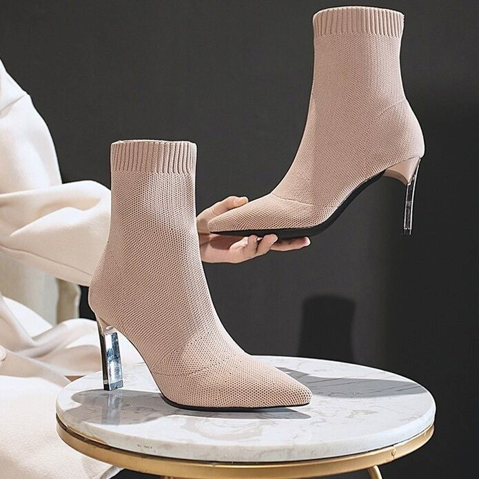 Zélie Bottines Chaussette En Maille Talon Fin Bout Pointu Femme