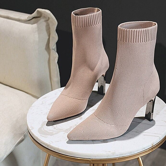 Zélie Bottines Chaussette En Maille Talon Fin Bout Pointu Femme
