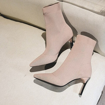 Zélie Bottines Chaussette En Maille Talon Fin Bout Pointu Femme