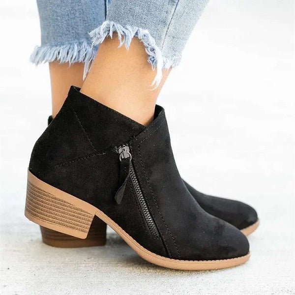 Laurine Bottines Effet Daim Zippées Talon Carré Mi-Haut Femme