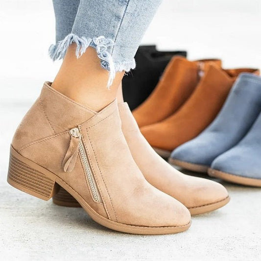 Laurine Bottines Effet Daim Zippées Talon Carré Mi-Haut Femme