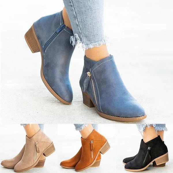 Laurine Bottines Effet Daim Zippées Talon Carré Mi-Haut Femme