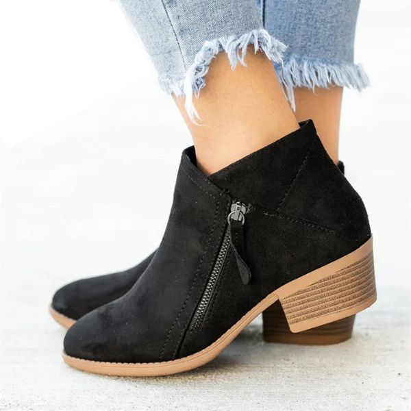 Laurine Bottines Effet Daim Zippées Talon Carré Mi-Haut Femme