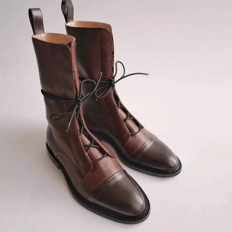 Perrine Bottines À Lacets Bout Rond Aspect Cuir Femme