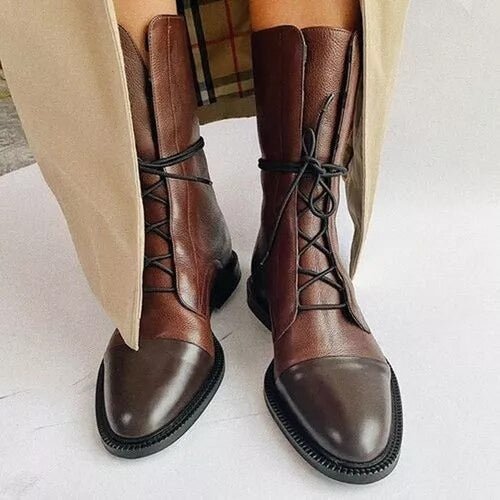 Perrine Bottines À Lacets Bout Rond Aspect Cuir Femme