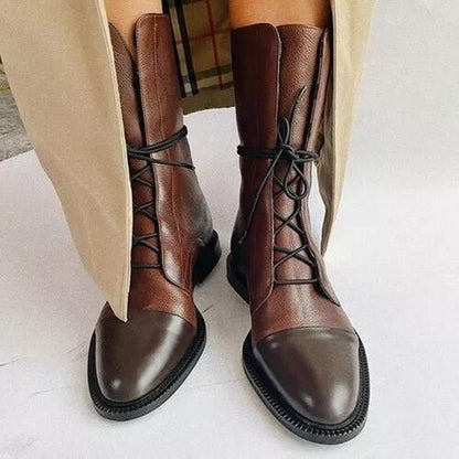 Perrine Bottines À Lacets Bout Rond Aspect Cuir Femme