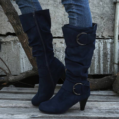 Albane Bottes Hautes Froncées Effet Daim À Boucles Et Talon Femme