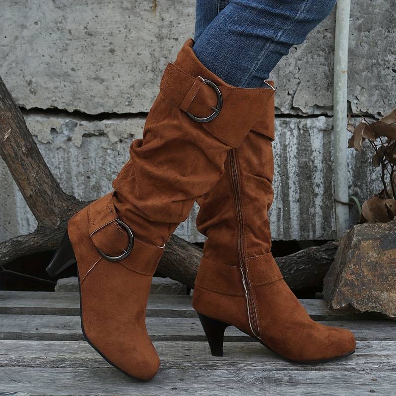 Albane Bottes Hautes Froncées Effet Daim À Boucles Et Talon Femme