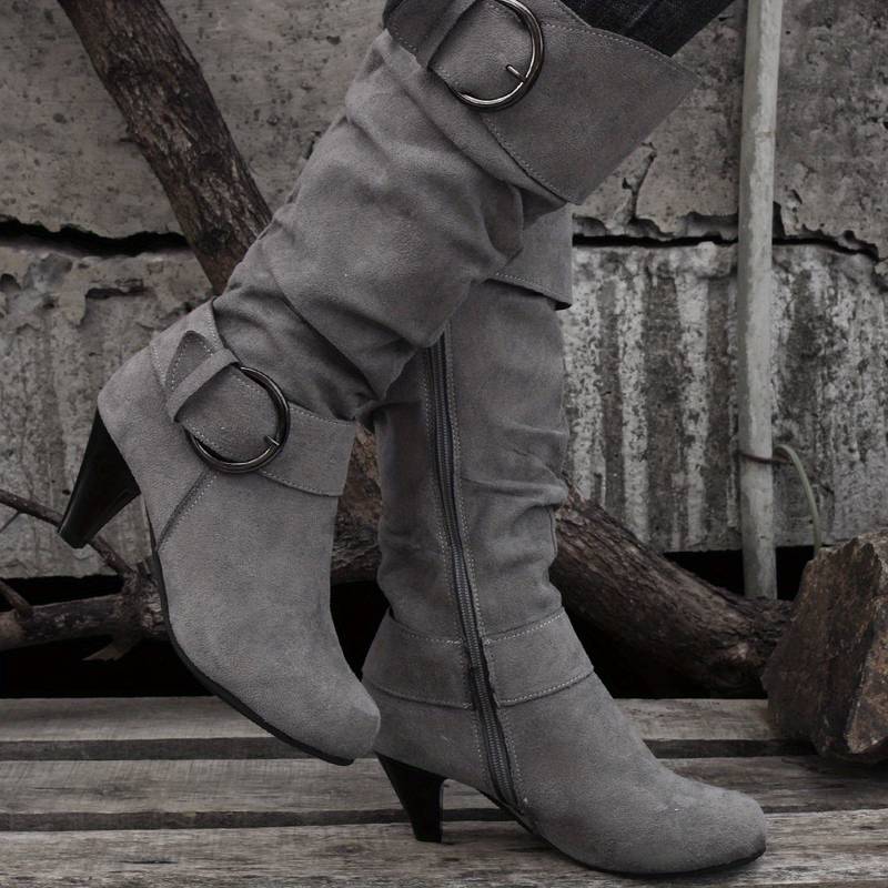 Albane Bottes Hautes Froncées Effet Daim À Boucles Et Talon Femme