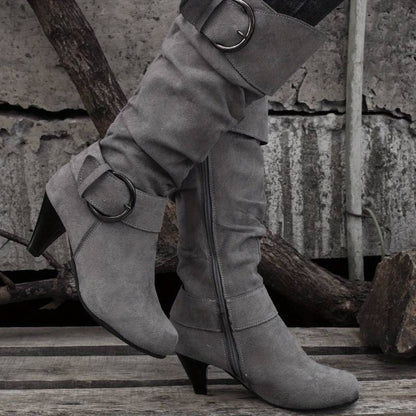 Albane Bottes Hautes Froncées Effet Daim À Boucles Et Talon Femme