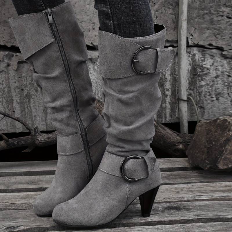Albane Bottes Hautes Froncées Effet Daim À Boucles Et Talon Femme