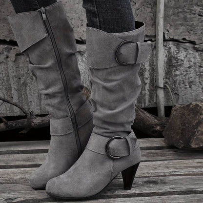 Albane Bottes Hautes Froncées Effet Daim À Boucles Et Talon Femme