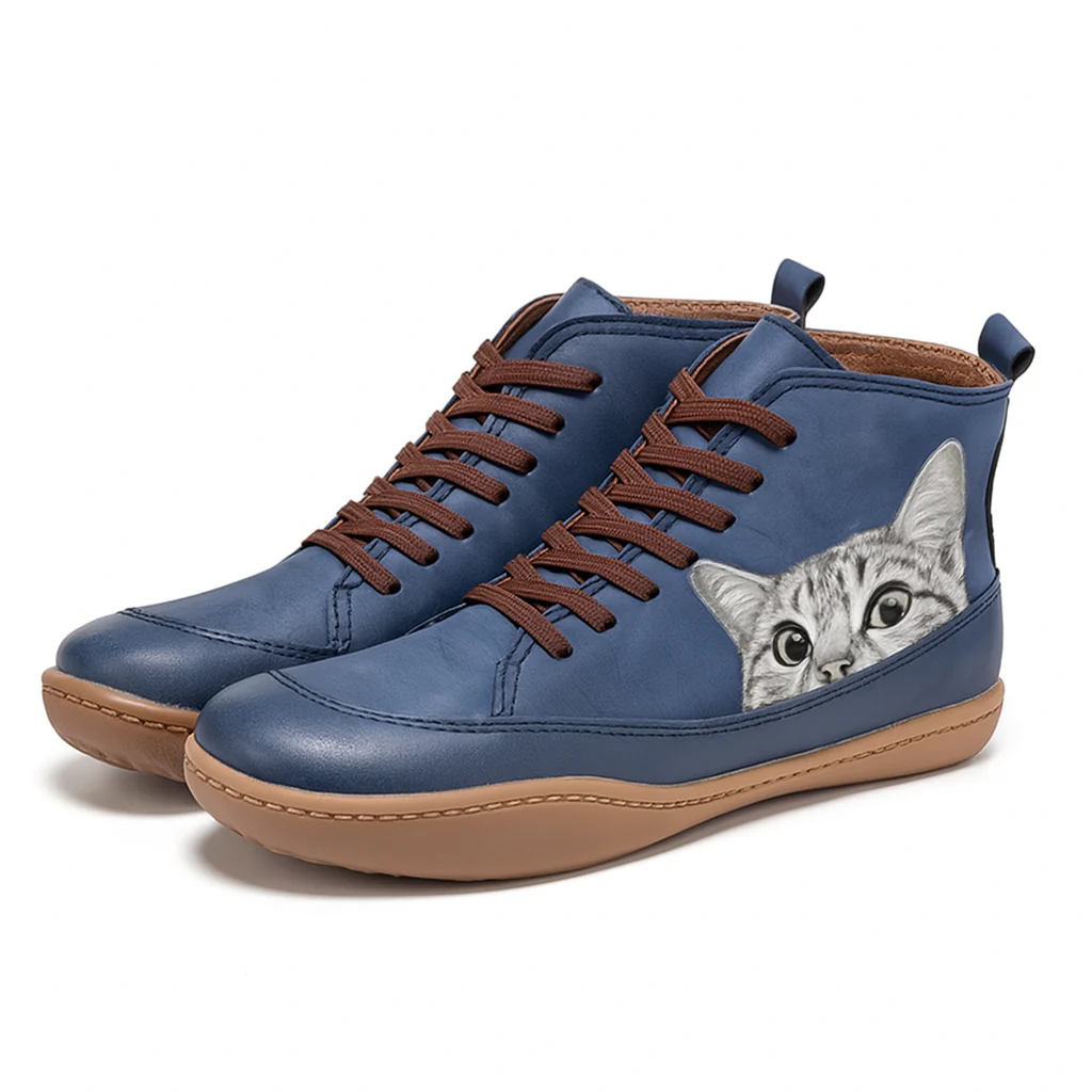 Olympe Bottines À Lacets Motif Chat Semelle Souple Femme