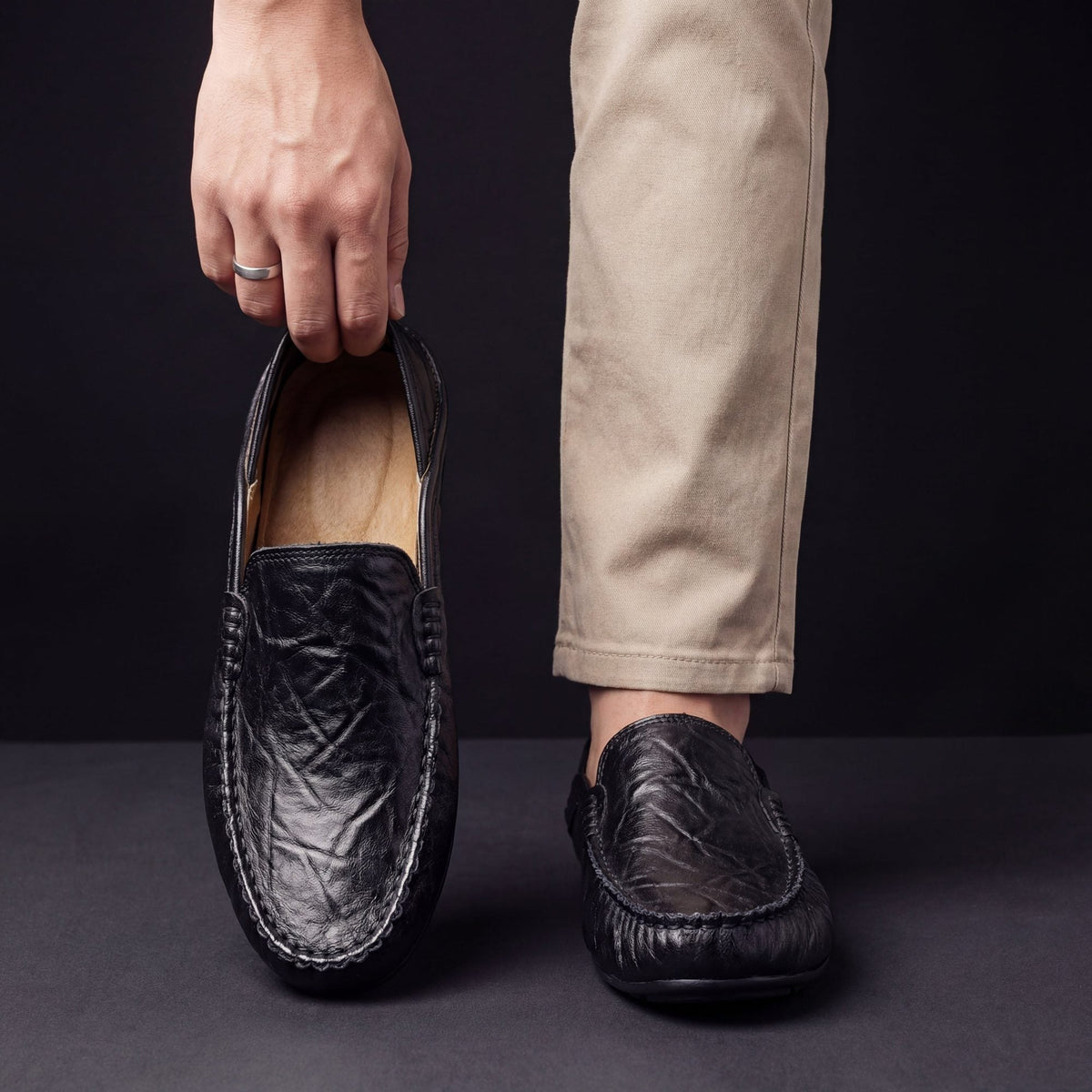 Mocassins Aurélien en cuir véritable pour homme, détail des surpiqûres